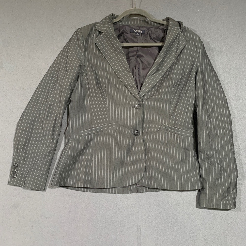 Chadwicks of Boston Womens Pinstripe Blazer Size 12 Gray Business Career